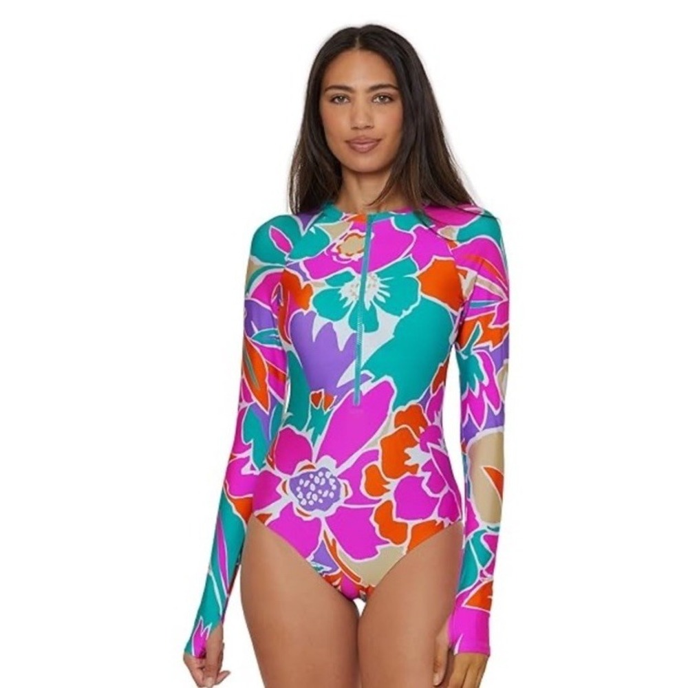 Trina Turk NWT Paddle B. Long Sleeve Floral One Piece Swimsuit Pastel Zip Medium - Picture 7 of 7
